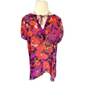 Liz Claiborne Large Top Colorful Semi-Sheer V Neck Flowy Tunic Blouse